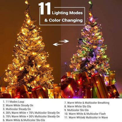 Brizled Christmas Tree Lights, 115ft 300 LED Color Changing Christmas Lights with Remote, 11 Modes Warm White & Multicolor Light String Connectable 24V Xmas Light Green Wire for Xmas Home