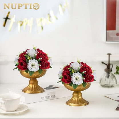 NUPTIO Artificial Flower Centrepieces for Tables - 2 Pcs Crimson & White Fake Flowers Roses Balls 9.5in Diameter - Silk Faux Rose Arrangement for Wedding Party Centerpiece Table Decorations