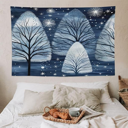 Trendy Blue Silver Glitter Tree Christmas Tapestries Happy Winter Holiday Aesthetic Bedroom Tapestries Landscape Tapestry Bedroom Wall Decor Living Room 60"x90" Tapestries Winter Snowflake Decorative