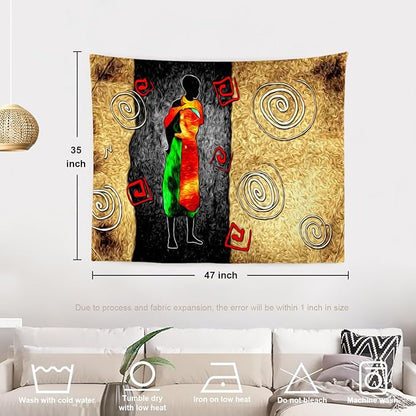 Batmerry African Ethnic Retro Tapestry, Vintage Motive Oil Landscape Fashion Wall Art Hanging Decoration Polyester Fiber White Ruffled Around For Dorm Room Bedroom Living Room, 35 X 47 Inches