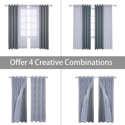 BONZER Mix and Match Curtains - 2 Pieces Branch Print Sheer Curtains and 2 Pieces Blackout Curtains for Bedroom Living Room Grommet Window Drapes, 54x63 Inch/Panel, Light Grey, Set of 4 Panels