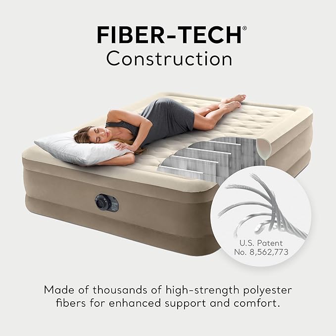 Intex Dura-Beam Deluxe Ultra Plush Air Mattress - Fiber-Tech – Built-in Electric Pump – 18in Bed Height – 600lb Weight Capacity – Queen Size