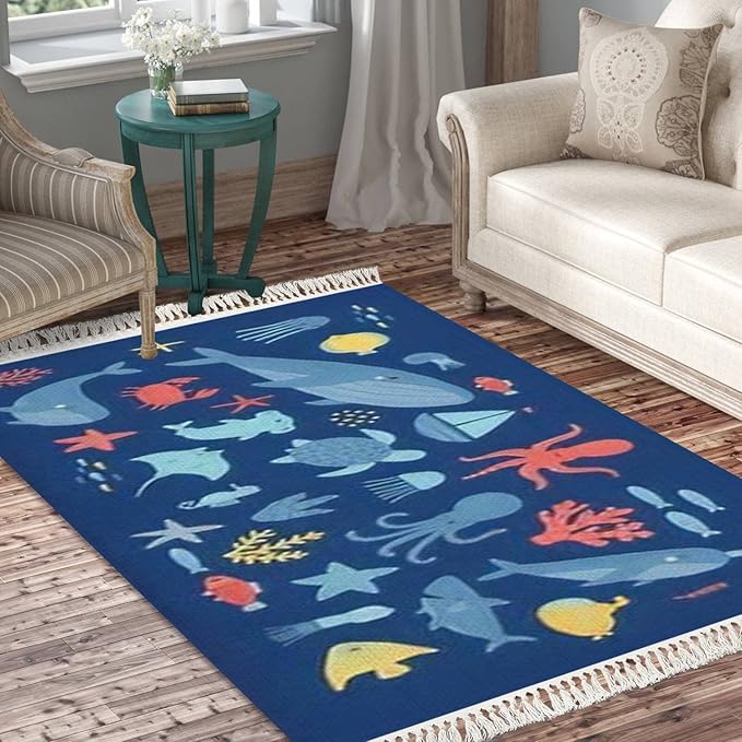 Boho Rug Cute Undersea World Deep Ocean sea Fish Octopus Scandinavian Chic Area Rug Washable Hallway Runner Rug Mat Pad Minimalist Nursery Decor for Living Room Bedroom Playroom Classroom