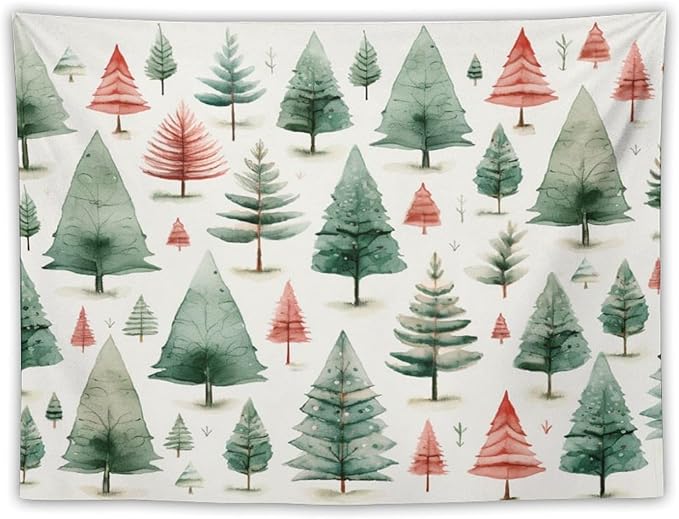 Vintage Christmas Tree Watercolor Tapestries Winter Christmas Wall Hanging Wall Tapestry Aesthetic Landscape Tapestry Wall Decor for Bedroom Living Room Dorm 30"x40" Christmas Family Party