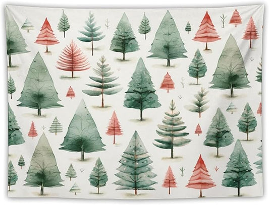 Vintage Christmas Tree Watercolor Tapestries Winter Christmas Wall Hanging Wall Tapestry Aesthetic Landscape Tapestry Wall Decor for Bedroom Living Room Dorm 30"x40" Christmas Family Party