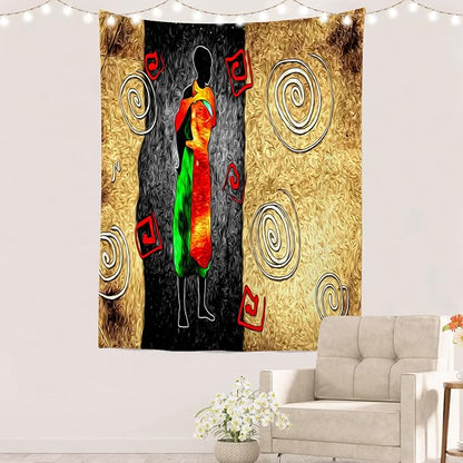 Batmerry African Ethnic Retro Tapestry,Vintage Motive Oil Landscape Fashion Wall Art Hanging Decoration Polyester Fiber White Ruffled Around for Dorm Room Bedroom Living Room, 59.1x39.4 inches