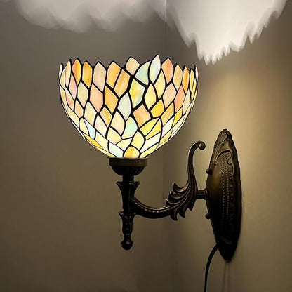 Tiffany Sconce Lamp Stained Glass Wall Lamp,8X10.5X11 Inch Plug in Wall Bedside Light for Hallway Bedroom (Seven Color Wisteria)