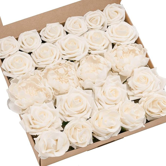Ling's Moment Artificial Flowers Fake Roses Faux Foam Peony Combo for DIY Wedding Bouquets Centerpieces Arrangements Bridal Shower Party Home Decorations, Ivory, 24pcs