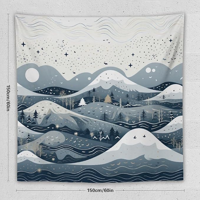 Snow Mountain Scandinavian Winter Tapestries Rustic Country Holiday Tapestries for Bedroom Aesthetic Landscape Tapestry Wall Art for Living Room Dorm 60"x60" Tapestries Winter Snowflake Decorative