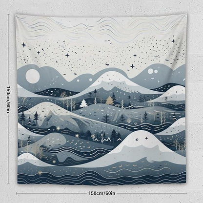 Snow Mountain Scandinavian Winter Tapestries Rustic Country Holiday Tapestries for Bedroom Aesthetic Landscape Tapestry Wall Art for Living Room Dorm 60"x60" Tapestries Winter Snowflake Decorative