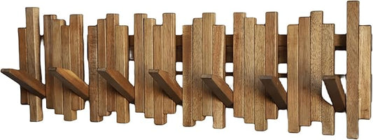 Natural Wood Wall Mounted Piano Coat Rack| Coat Rack Wall Mount| Flip Down Wall Hook Rack 7 Hooks| Entryway Wall Art Hook,Made of Acacia Wood (Wood Wax Oil staining Light Brown).