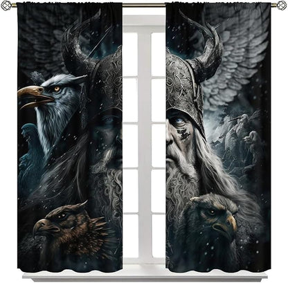 Fantasy Norse Viking Curtains for Bedroom - Cool Gothic Vintage Vikings Mystical Symbol Eagle Window Drapes,Energy Saving Thermal Insulated Rod Pocket Bedroom Blackout Curtains 2 Panels 63L x 27.5W