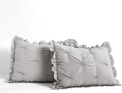 Lush Decor Ravello Pintuck Ruffle Skirt Bedspread Set - Luxe 3 Piece Ruffled Bedding Set - Traditional Glam & Farmhouse Inspired Bedroom Decor - Queen, Light Gray