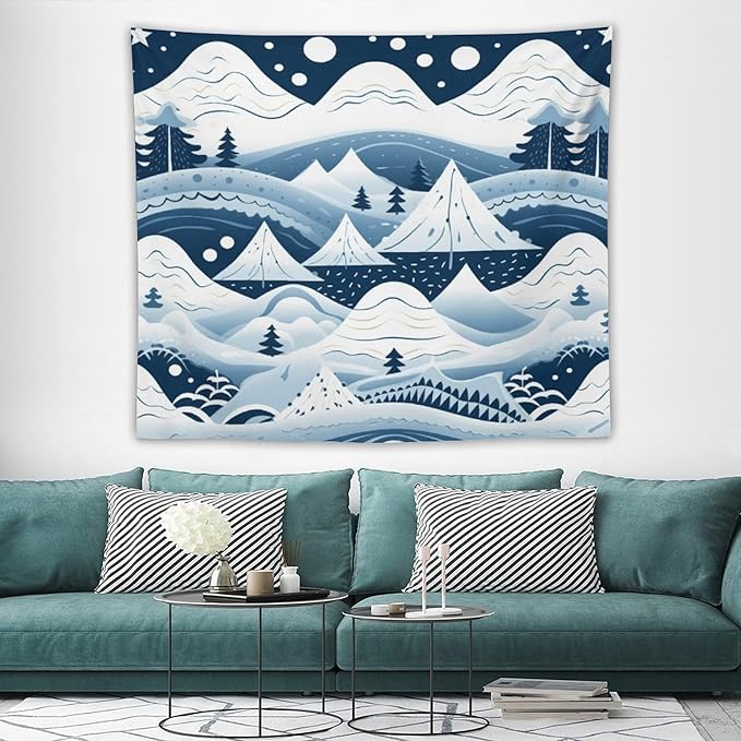 Wall Tapestry Snow Mountain Scandinavian Winter Tapestry Happy New Year Vintage Aesthetic Tapestry Wall Hanging Wall Art for Bedroom Wall Hanging for Room 50"x60" Christmas Family Party