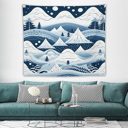 Wall Tapestry Snow Mountain Scandinavian Winter Tapestry Happy New Year Vintage Aesthetic Tapestry Wall Hanging Wall Art for Bedroom Wall Hanging for Room 50"x60" Christmas Family Party