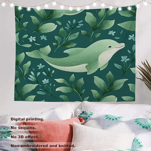 Batmerry Cute Dolphin Tapestry, Green Dolphin With Leaves Wall Art Hanging Decoration Polyester Fiber White Ruffled Around for Dorm Room Bedroom Living Room, 39.1x59.1 inches