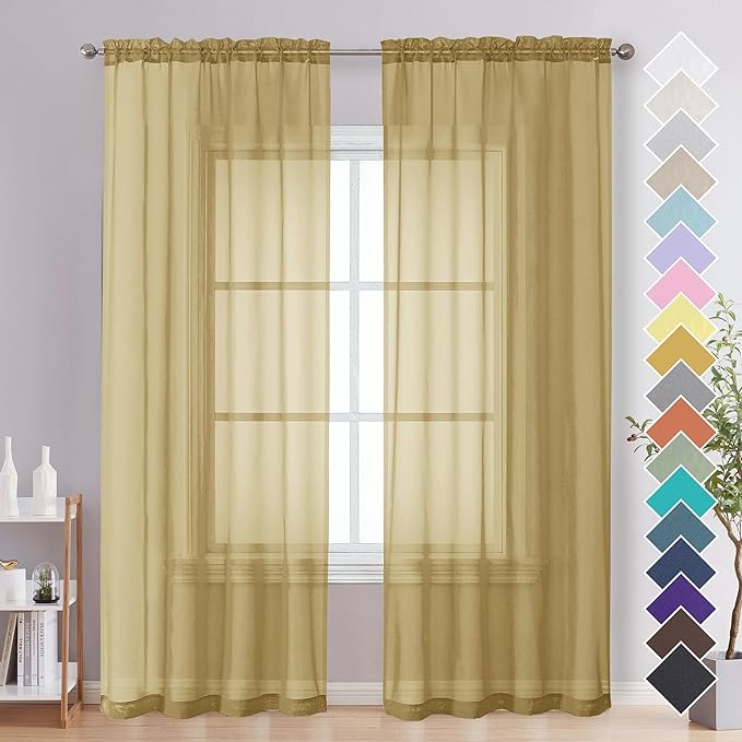 OVZME Gold Sheer Curtains 84 Inches Long 2 Panels - Soft Light Filtering Window Sheer Panels for Living Room/Bedroom, Top Dual Rod Pocket, 1 Pair, Each 42Wx84L Inches