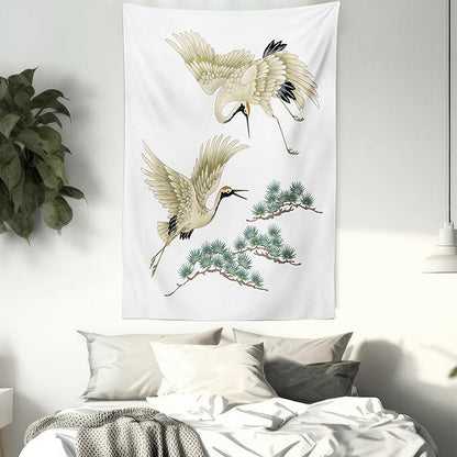 Lunarable Bird Tapestry, 2 Japanese Cranes Flying Traditional Painting Style Far Eastern Illustration, Fabric Wall Hanging Decor for Bedroom Living Room Dorm, 30" X 45", Ivory Green Black