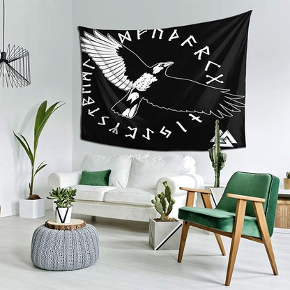 Gizmac Viking Black Crow Scandinavian Runes Room Tapestry Bedroom Living Room Decor Tapestry(80x60 Inches)