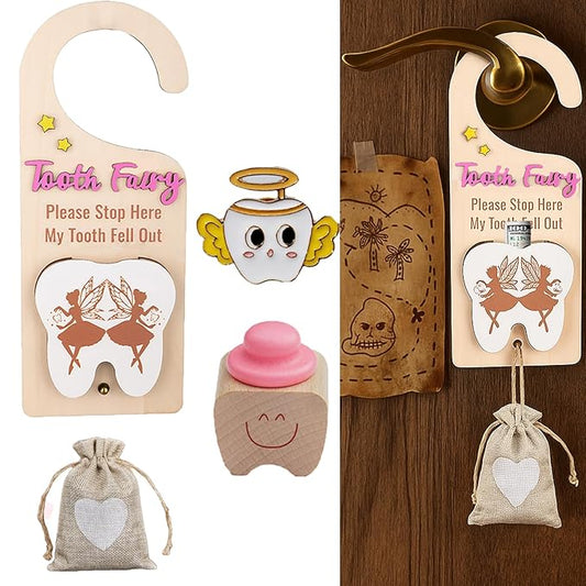 4Pcs Tooth Fairy Door Holder - Wooden Door Hanger Gift Set with Keepsake Box and Bag & Reward Badge, Gifts and Bedroom Decorations Suitable for Lost Teeth Girls and Boys