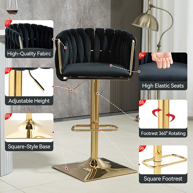 NIOIIKIT Bar Stool Set of 2, Velvet Upholstered Swivel Barstool, Counter Height Chair with Hand Woven Backrest, Dining Barstool with Footrest, Bar Chair for Kitchen Island, Pub (Black)