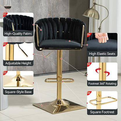NIOIIKIT Bar Stool Set of 2, Velvet Upholstered Swivel Barstool, Counter Height Chair with Hand Woven Backrest, Dining Barstool with Footrest, Bar Chair for Kitchen Island, Pub (Black)