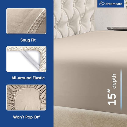 DREAMCARE King Size Sheets Set – 6 pcs Cooling Bed Sheets – up to 15” Deep Pocket King Sheet Set – 2500 Supreme Collection – Extra Soft 100% Brushed Microfiber Hotel Luxury with Side Pocket – Beige
