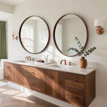 WallBeyond Round Wood Mirror, 32" Round Modern Decoration Large Circle Wall Mirror for Bathroom Living Room Bedroom Entryway, Walnut
