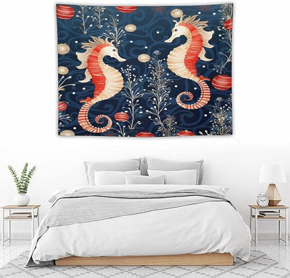 Seahorse Christmas Kiss Beach Tapestry Wall Hanging Vintage Ocean Seahorse Vintage Aesthetic Tapestry Wall Hanging Landscape Tapestry Wall Art for Home Decor 30"x40" Christmas Family Party