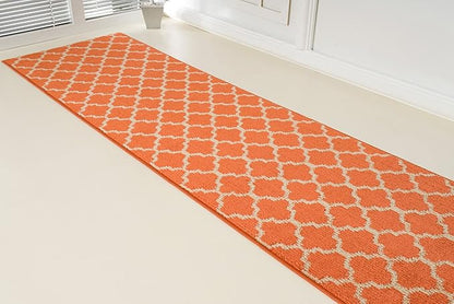 Custom Size Moroccan Trellis Runner Rug Mat for Wide Hallway Entryway Kitchen Laundry Room with Slip Resistant Latex Rubber Backing, Trellis Orange, 31 inch X 8 feet