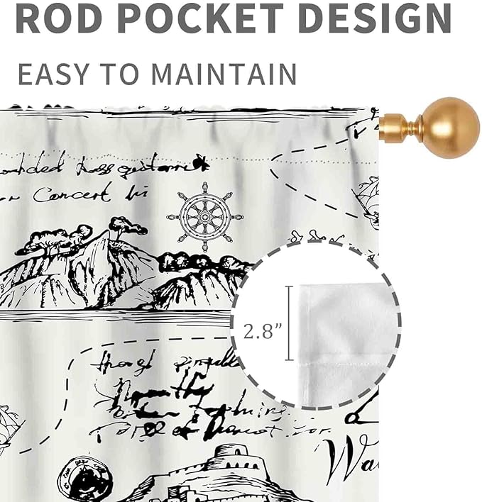 Vintage Nautical Curtains, Marine Coastal Sailboat Compass Anchor Ocean Beach Old Pirate Map Retro Window Drapery Treatments for Bedroom Living Room Kitchen Bathroom 2 Panels, 55"x63" Inch