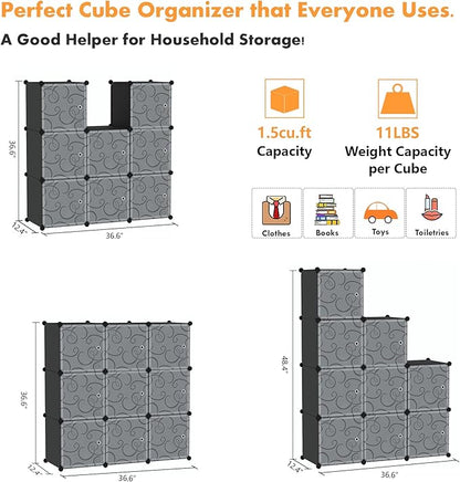 C&AHOME Cube Storage Organizer with Doors, 9-Cube Shelves, Closet Cabinet, DIY Plastic Modular Bookshelf, Storage Shelving Ideal for Bedroom, Living Room, 36.6”L x 12.4”W x 36.6”H Black USHS3009B-DOOR