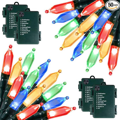 Brightown Christmas Lights 4 Pack 50 LEDs Battery Powered String Lights with Green Wire for Holiday Decorations, Tree Lights, Party, Xmas, Easter, Wedding, Patio, Home Decor, Indoor and Outdoor Use