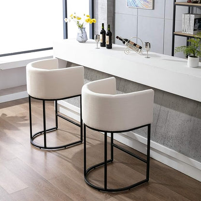 Modern Counter Height Linen Upholstered Bar Stools Set of 4, 29" Kitchen Counter Island Stools Bar Chairs with Black Metal Frame for Kitchen Island, Cream