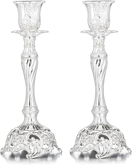 Sziqiqi Silver Plated Candlestick Holders Set of 2 Taper Candle Holders Deluxe Ornate Candle Holders for Shabbat Taper Candles, Candle Centerpiece, Wedding Candles, Christmas Candle, 7.4inch