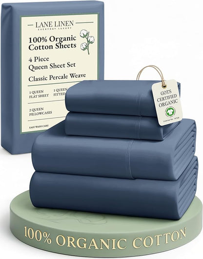 LANE LINEN 100% Organic Cotton Queen Sheets Set, Fully Elasticized Machine Washable Mercerized Cotton Soft & Comfy Low Pill Fade Resistant Sheets Queen Size Set, Classic Percale Weave- Estate Blue