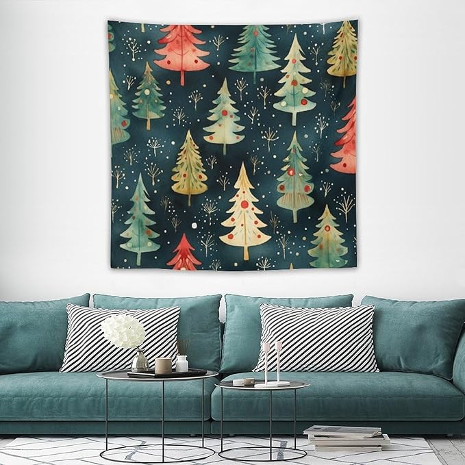 Tapestry Wall Hanging Vintage Christmas Tree Watercolor Tapestry Christmas Holiday Tapestry Aesthetic Wall Art Decor for Bedroom Living Room Dorm 60"x60" Tapestries Winter Snowflake Decorative