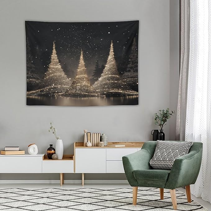 MaSiledy Tapestry Silver Lighted Christmas Trees Aesthetic Bedroom Tapestries Hello Winter Holiday Tapestry As Wall Art Wall Hanging Decor Tapestry for Bedroom Aesthetic Alt Room Landscape 30"x40"