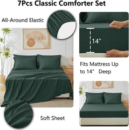 CozyLux Full Size Comforter Sets Forest Green - 7 Pieces Bed in a Bag Full, Luxury Soft Bed Set for All Seasons, Bedding Set with Down Alternative Comforter, Sheets, Pillowcases & Shams