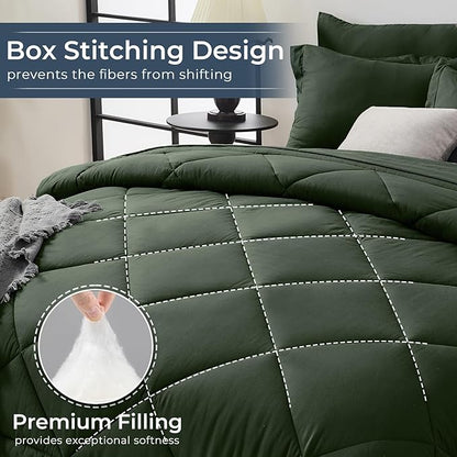 HEVUMYI Army Green Queen Comforter Set - 7-Piece All Season Bed in a Bag Queen, Ultra Soft Bedding Set with Comforter, Flat Sheet, Fitted Sheet, Pillowcases, Pillow Shams