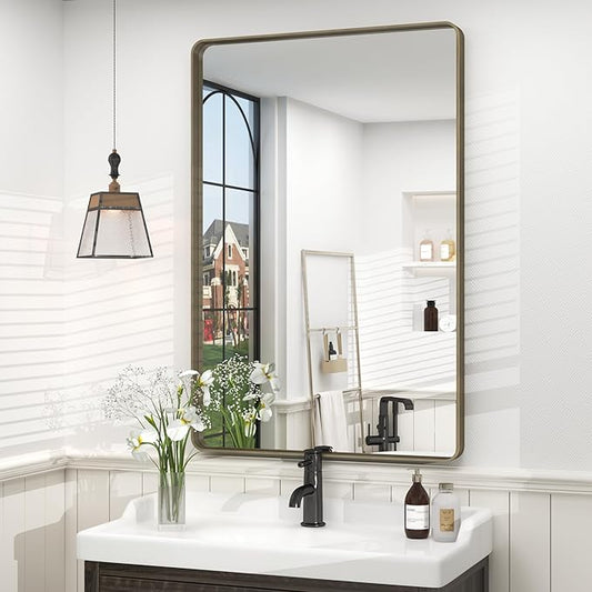 24x36 Bronze Bathroom Mirror, Brushed Metal Bathroom Vanity Mirrors for Wall, Modern Rounded Corner Rectangle Mirror for Farmhouse, Bedroom, Anti-Rust (Horizontal/Vertical)