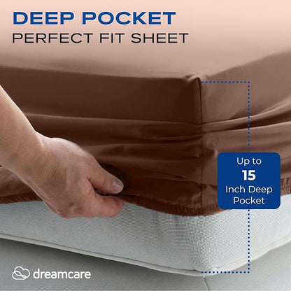 DREAMCARE Full Size Sheets Set - 4 Pcs Cooling Bed Sheets with Up to 15" Deep Pockets - Soft, Long-Lasting 100% Brushed Polyester with Side Pocket (Mocha Brown)