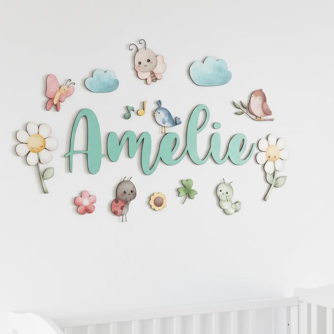Custom Nursery Name Sign with Themed Decor Kit | Personalized Wooden Wall Art for Baby, Kids Room | Space, Jungle, Circus, Under the Sea, Woodland, Rainbow (60", Fairy Garden)