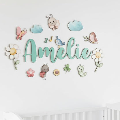 Custom Nursery Name Sign with Themed Decor Kit | Personalized Wooden Wall Art for Baby, Kids Room | Space, Jungle, Circus, Under the Sea, Woodland, Rainbow (20", Fairy Garden)