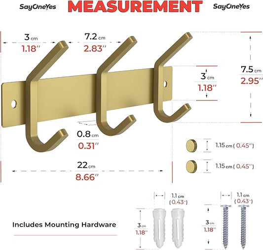Brushed Gold Small Coat Rack Wall Mount – 9 Inch Stainless Steel Rail with 3 Double Coat Hooks for Entryway, Bathroom, Bedroom, Kitchen – Modern Gold Hook Rack for Coats, Hats, Towels