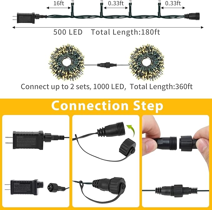 QUWIN Led Outdoor Christmas String Lights, 500 LED UL Certified 8 Lighting Modes, Indoor & Outside Waterproof Fairy Light for Christmas Tree, Patio, Holidays, Party (180 Ft Warm White)