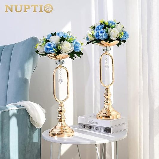 NUPTIO Pcs of 6 Fake Flower Ball Arrangement Bouquet,15 Heads Plastic Roses with Base, Suitable for Our Store's Wedding Centerpiece Flower Rack for Parties Valentine's Day Home Décor (Blue & White)