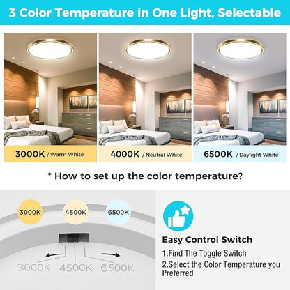 zemty 2Pack LED Ceiling Light Fixture, 6.5-Inch 12W 1200lm Small Flush Mount Light, Adjustable 3000K 4000K 6500K Color Temperatures, Round Flat Recessed Lamp for Kitchen Closet Hallway Laundry, Gold