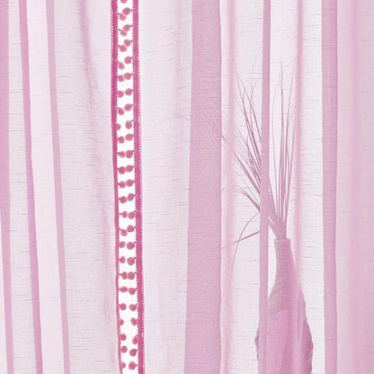 Treatmentex Pom-Pom Sheer Curtains for Girl's Room Linen Textured Pink Sheer Window Drapes for Bedroom 52" w x 63" L, 2Panels, Red, Rod Pocket