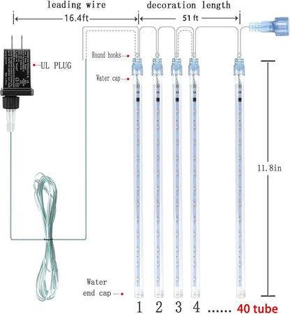 Kwaiffeo Blue Icicle Lights for Outside, Waterproof 40 Tubes LED Meteor Shower Lights for Christmas Halloween Decor Yard Lawn, Equivalent to 5 Sets of 8-Tubes
